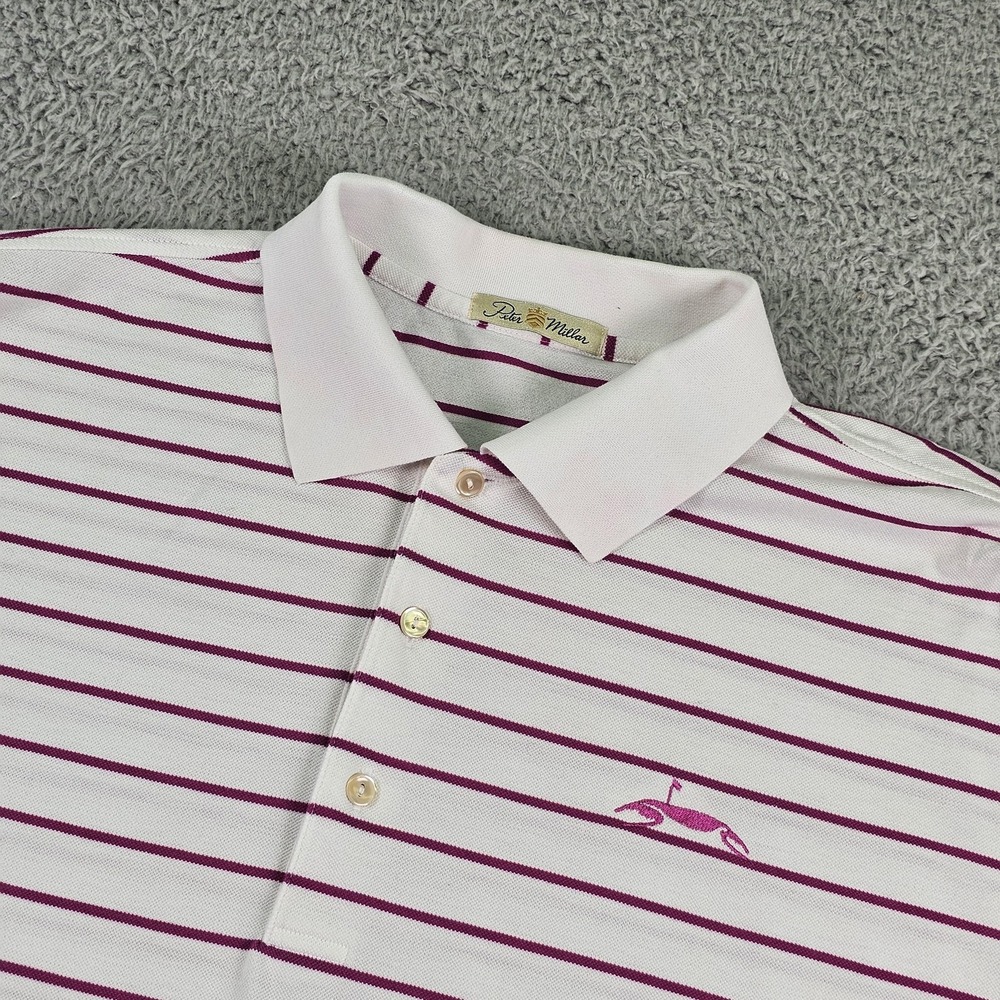 Peter Millar Polo Shirt Mens Large White Purple Striped Golf Crab Logo Korea